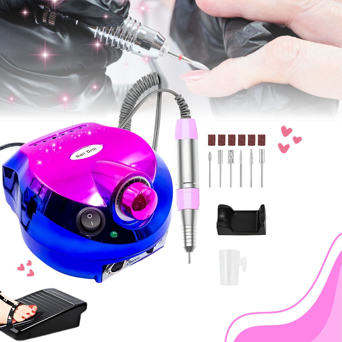 Pulidor esmeril de uñas profesional 35000Rpm, incluye pedal y kit de manicura.