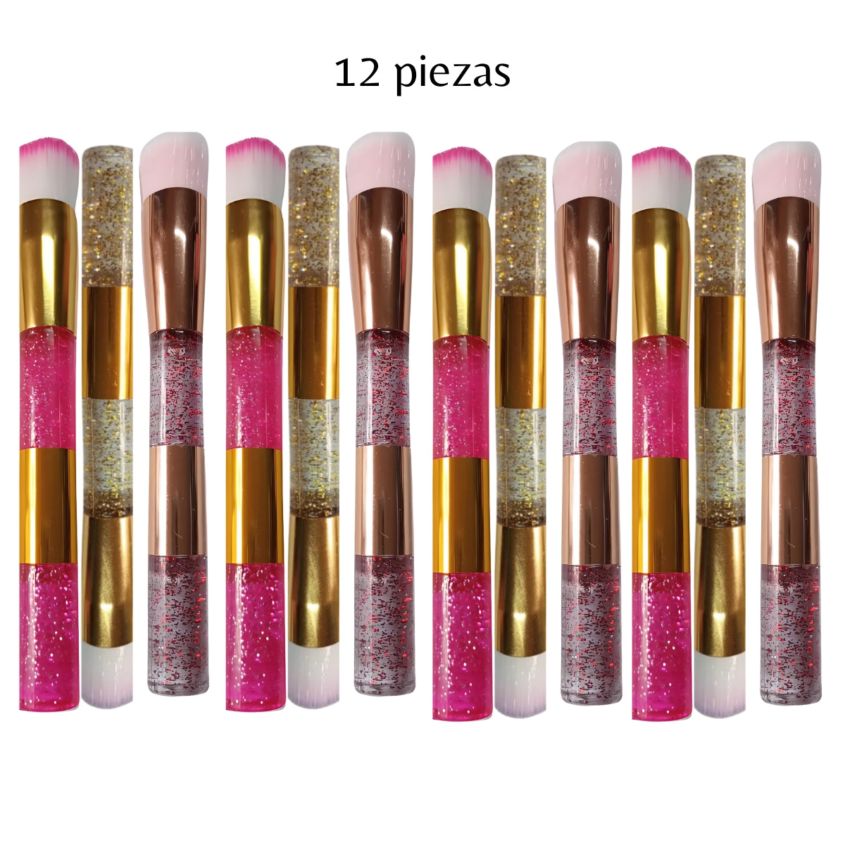 Brocha de maquillaje profesional, ideal para aplicar corrector.Diseño con glitter 3 colores. 12 pzas.