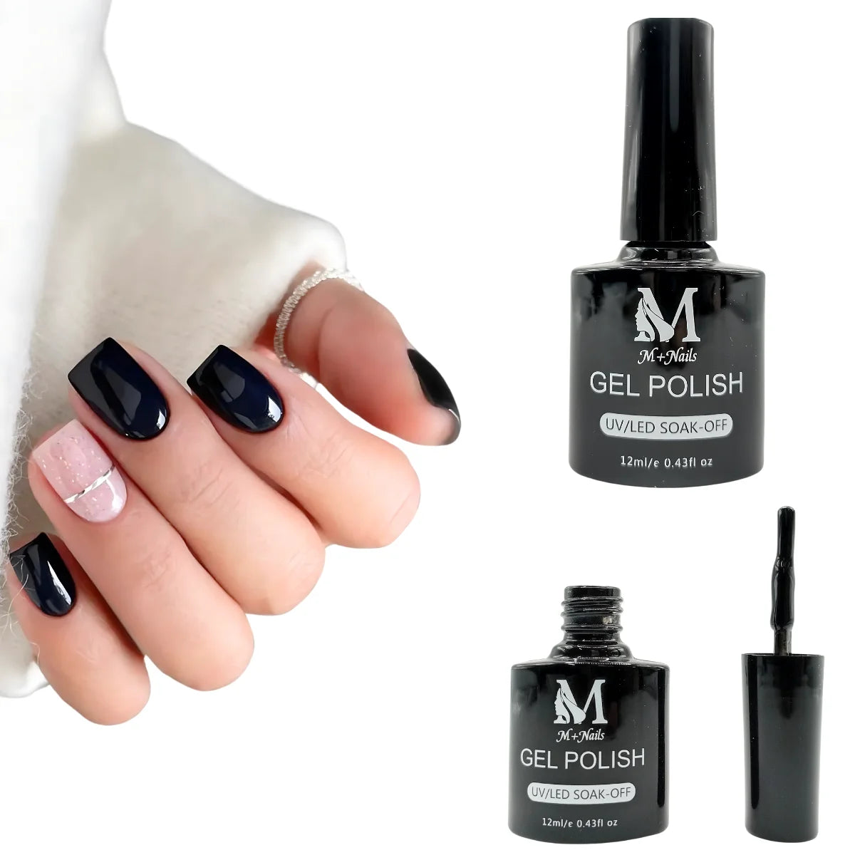 Gel polish UV/LED, color black, soak off. M+Nails.