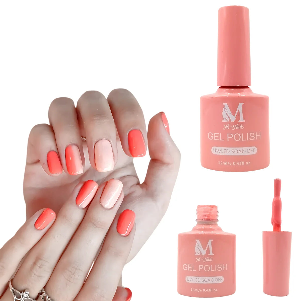 Gel polish UV/LED, color light coral, soak off. M+Nails.