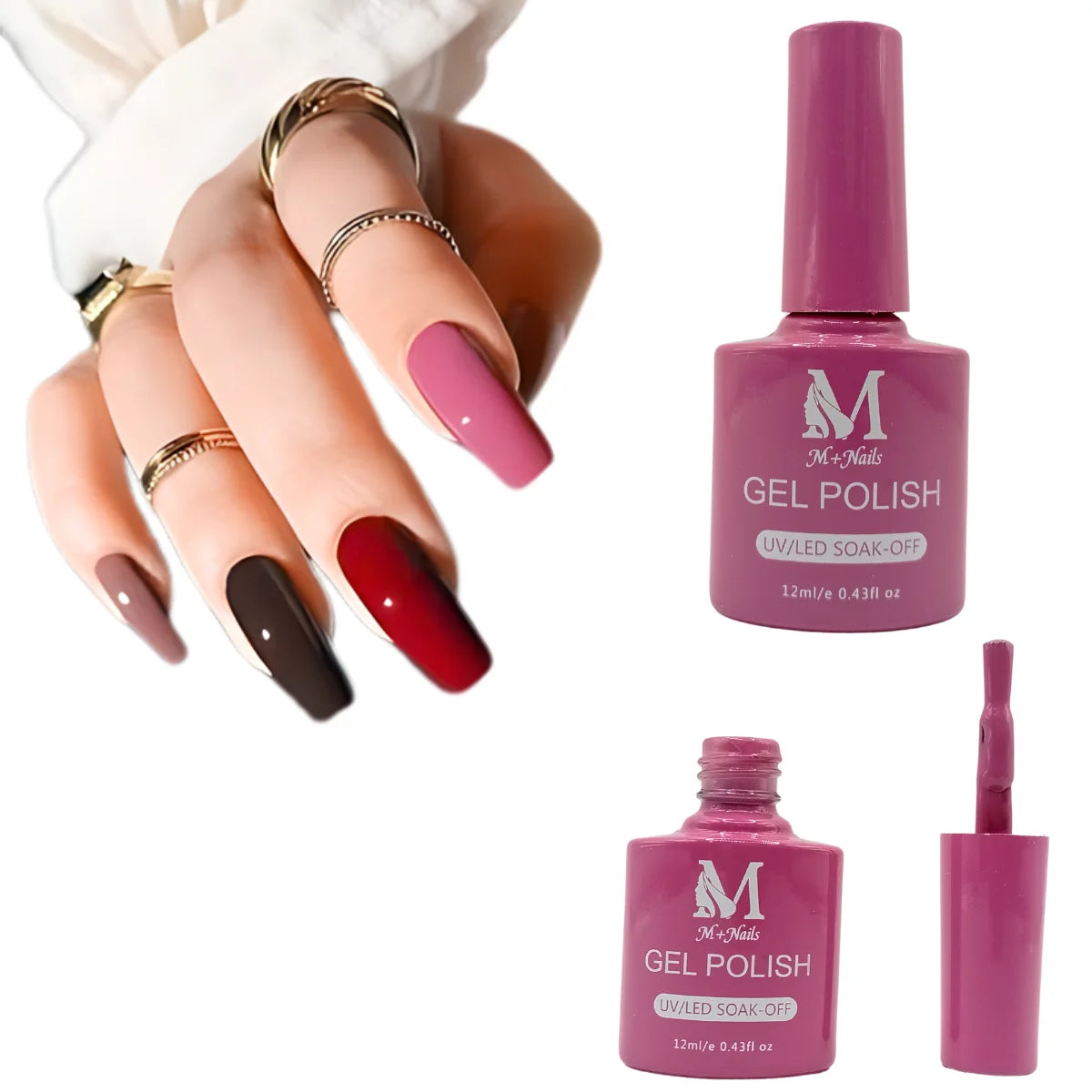 Gel polish UV/LED, color medium violet red, soak off. M+Nails.