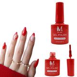 Gel polish UV/LED, color red, soak off. M+Nails.