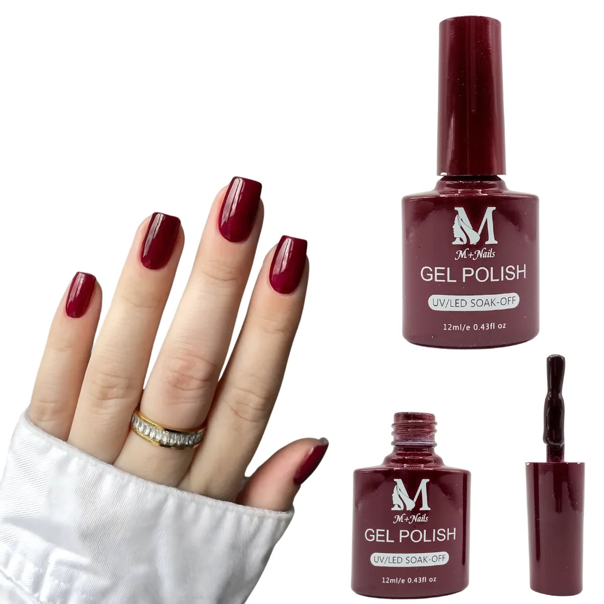 Gel polish UV/LED, color maroon, soak off. M+Nails.