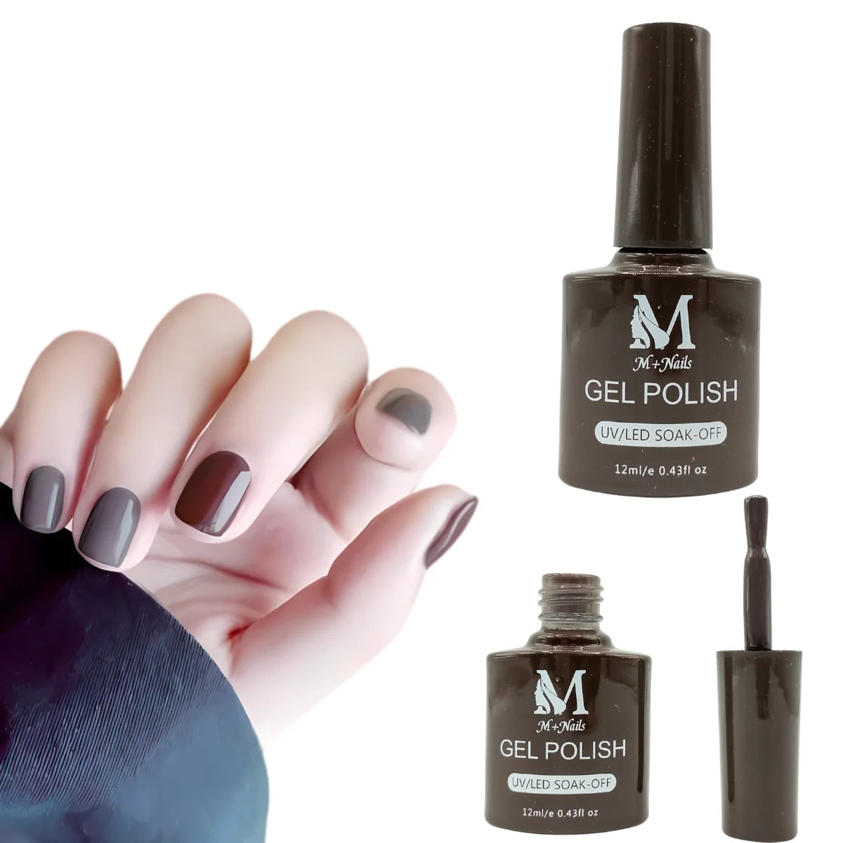 Gel polish UV/LED, color slate grey, soak off. M+Nails.