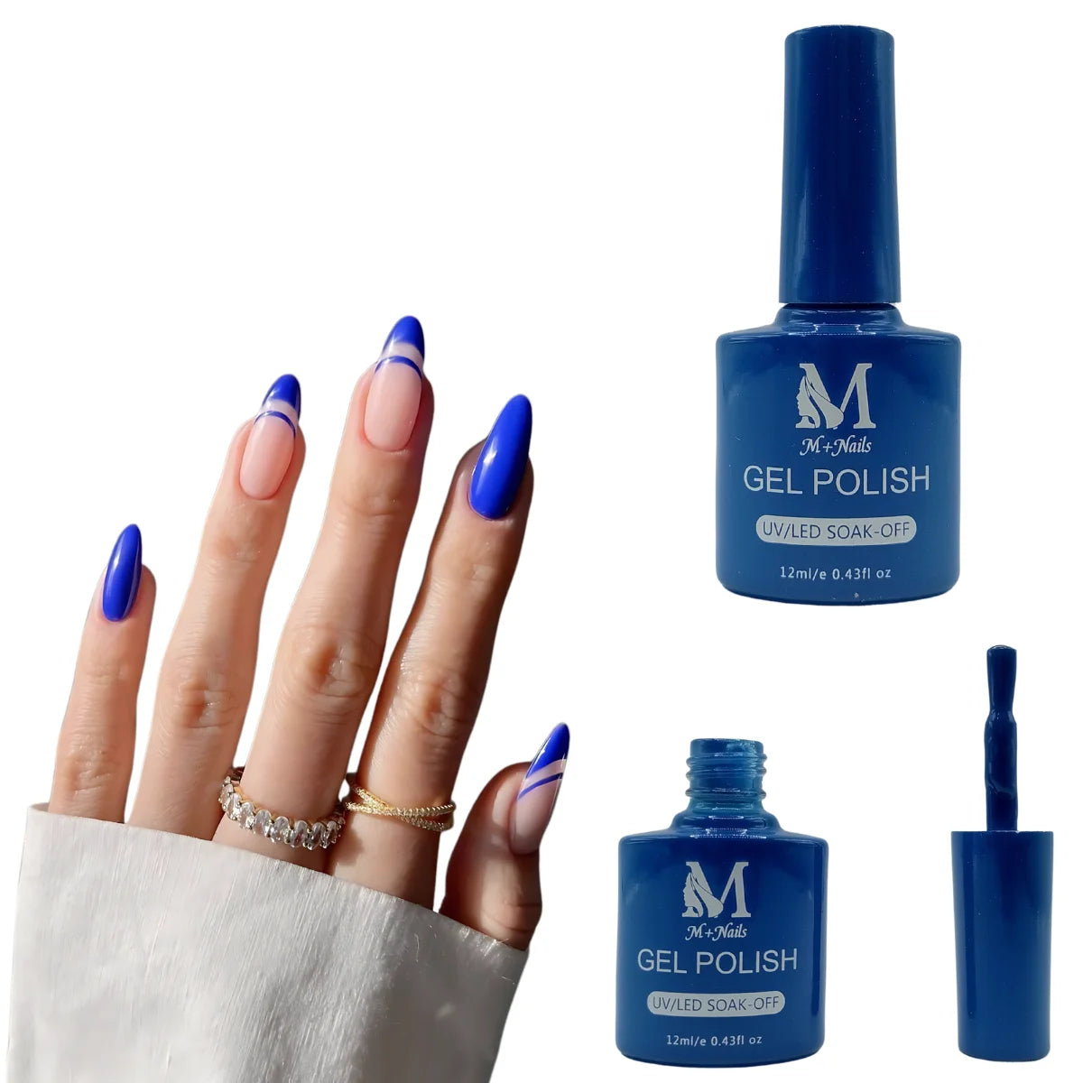 Gel polish UV/LED, color medium blue, soak off. M+Nails.