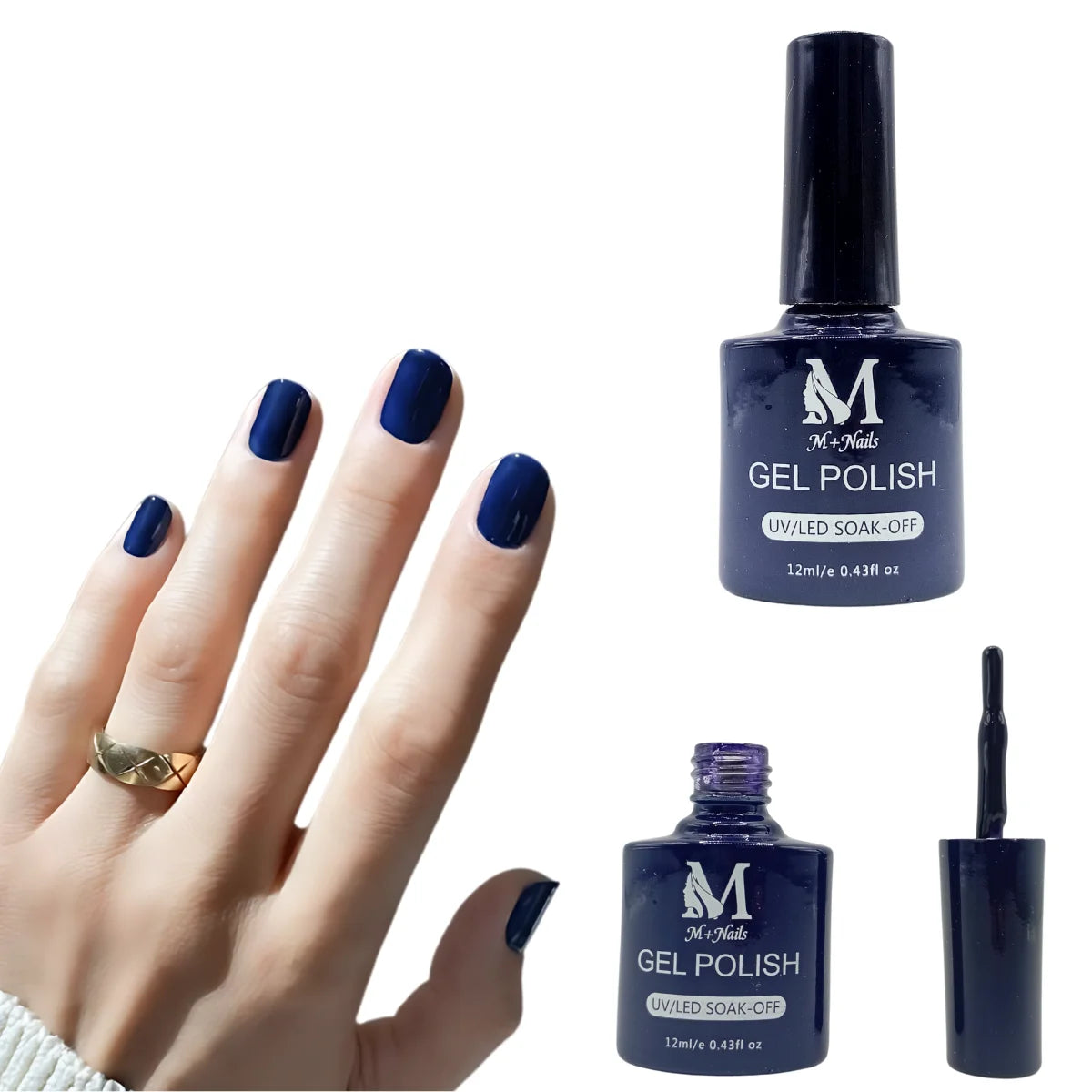 Gel polish UV/LED, color midnight blue, soak off. M+Nails.