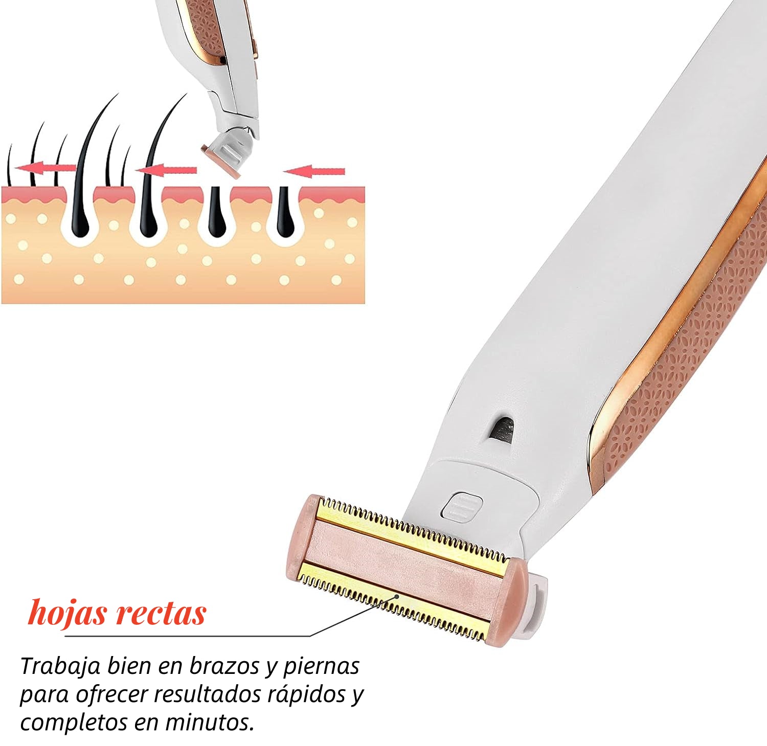 Depiladora corporal eléctrica recargable en forma de rastrillo. Goma intercambiable.