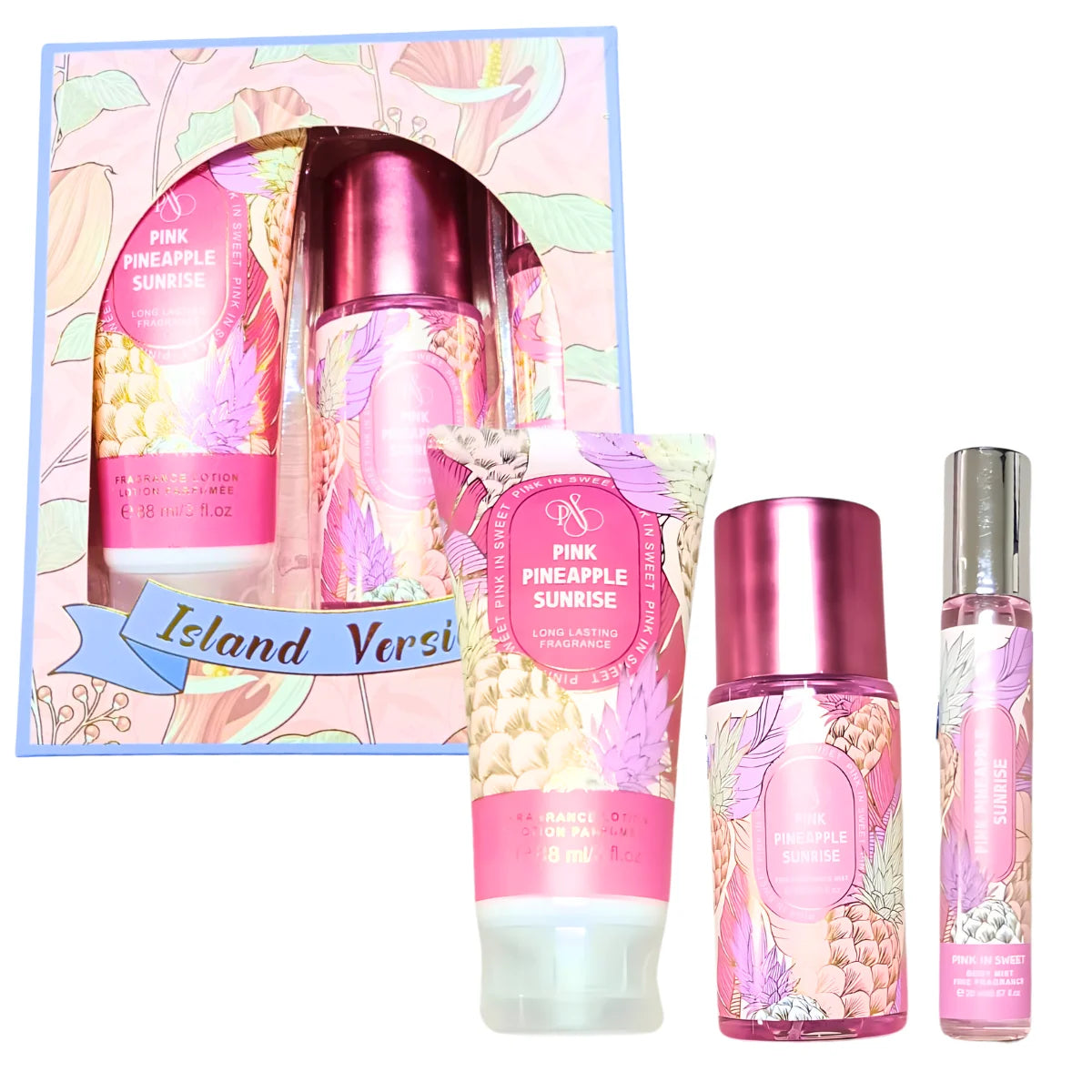 Set de 3 piezas ISLAND VERSION (spray de niebla aromática, crema corporal,perfume ) Pink.