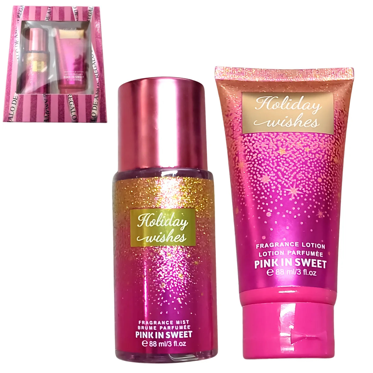 Set duo Metalicos, splash y crema corporal con fragancia.