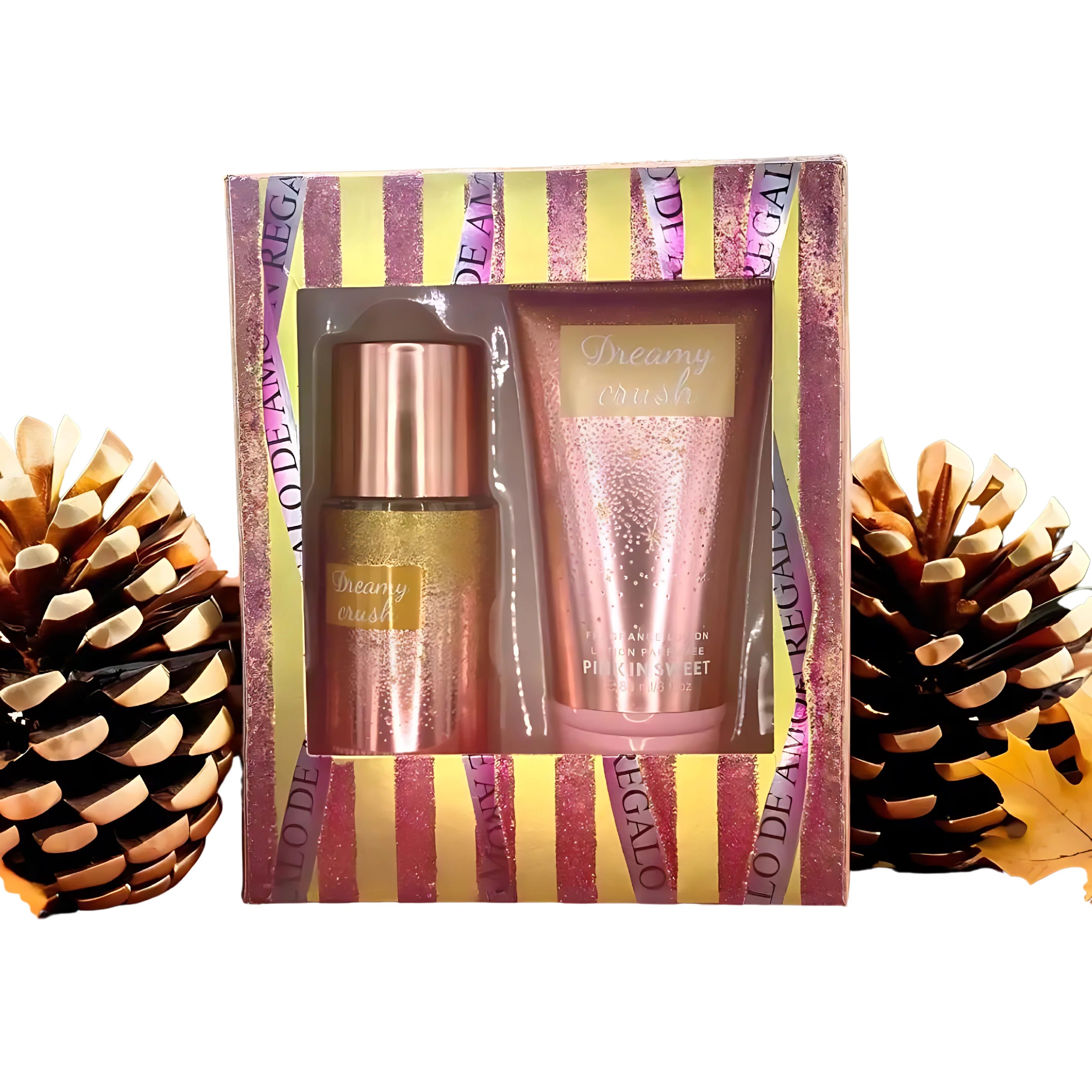 Set duo Metalicos, splash y crema corporal con fragancia.