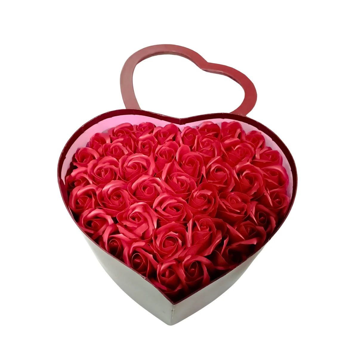 Caja de regalo con forma de corazón, color rojo, con ventana transparente con 43 rosas de jabón. Ideal para regalo.