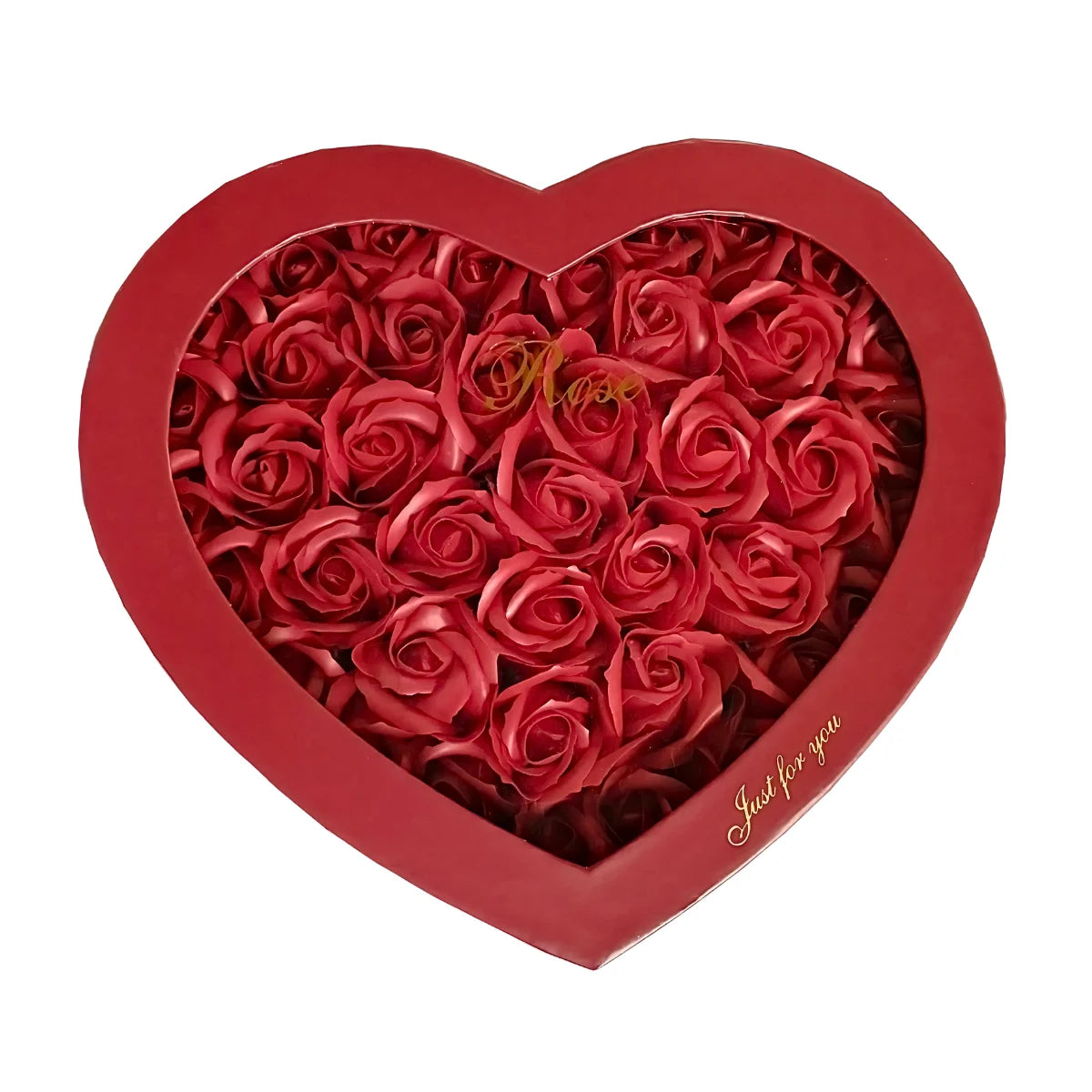 Caja de regalo con forma de corazón, color rojo, con ventana transparente con 43 rosas de jabón. Ideal para regalo.