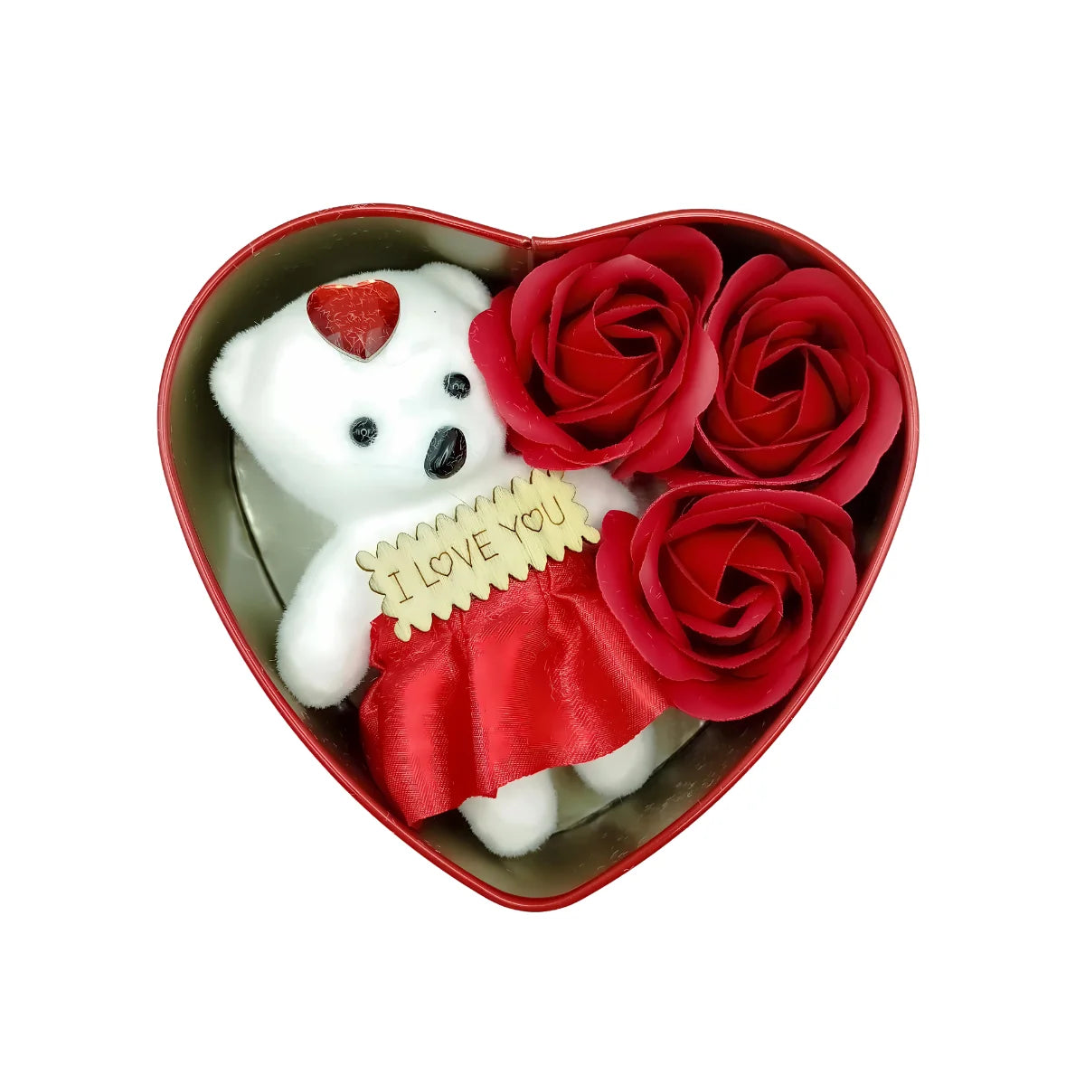 Caja de corazón con flores de jabón y oso de peluche dentro. Ideal para regalo.