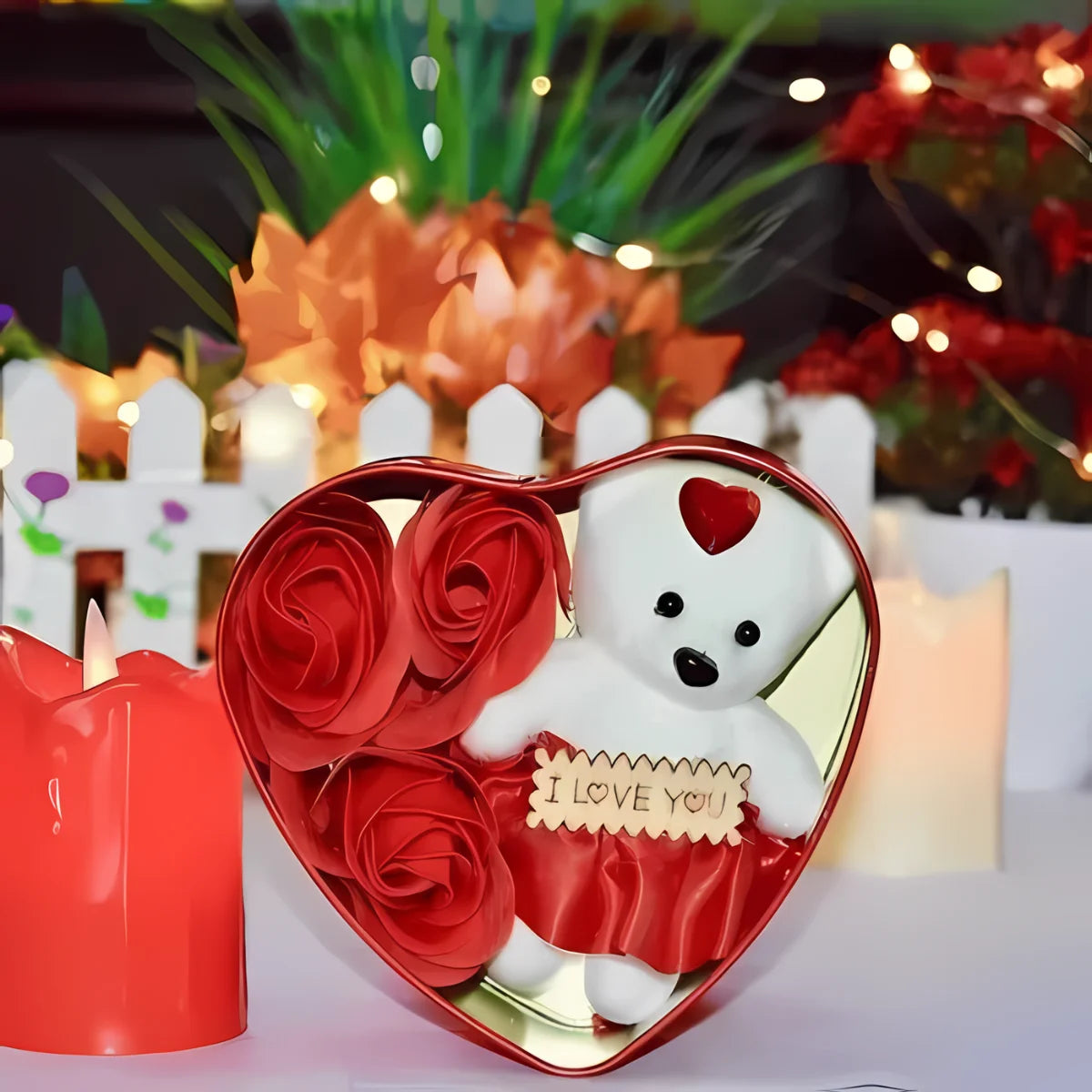 Caja de corazón con flores de jabón y oso de peluche dentro. Ideal para regalo.