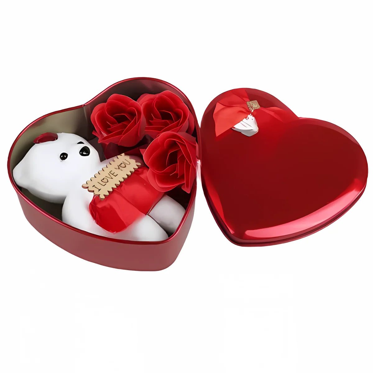 Caja de corazón con flores de jabón y oso de peluche dentro. Ideal para regalo.