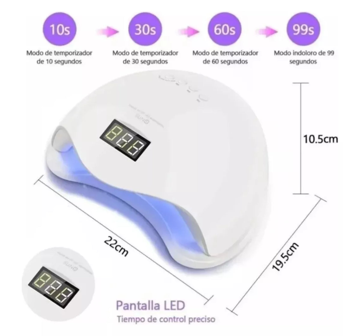 Lampara Led Uv SUN5 48W con sensor automatico y 3 ajustes de temporizador.