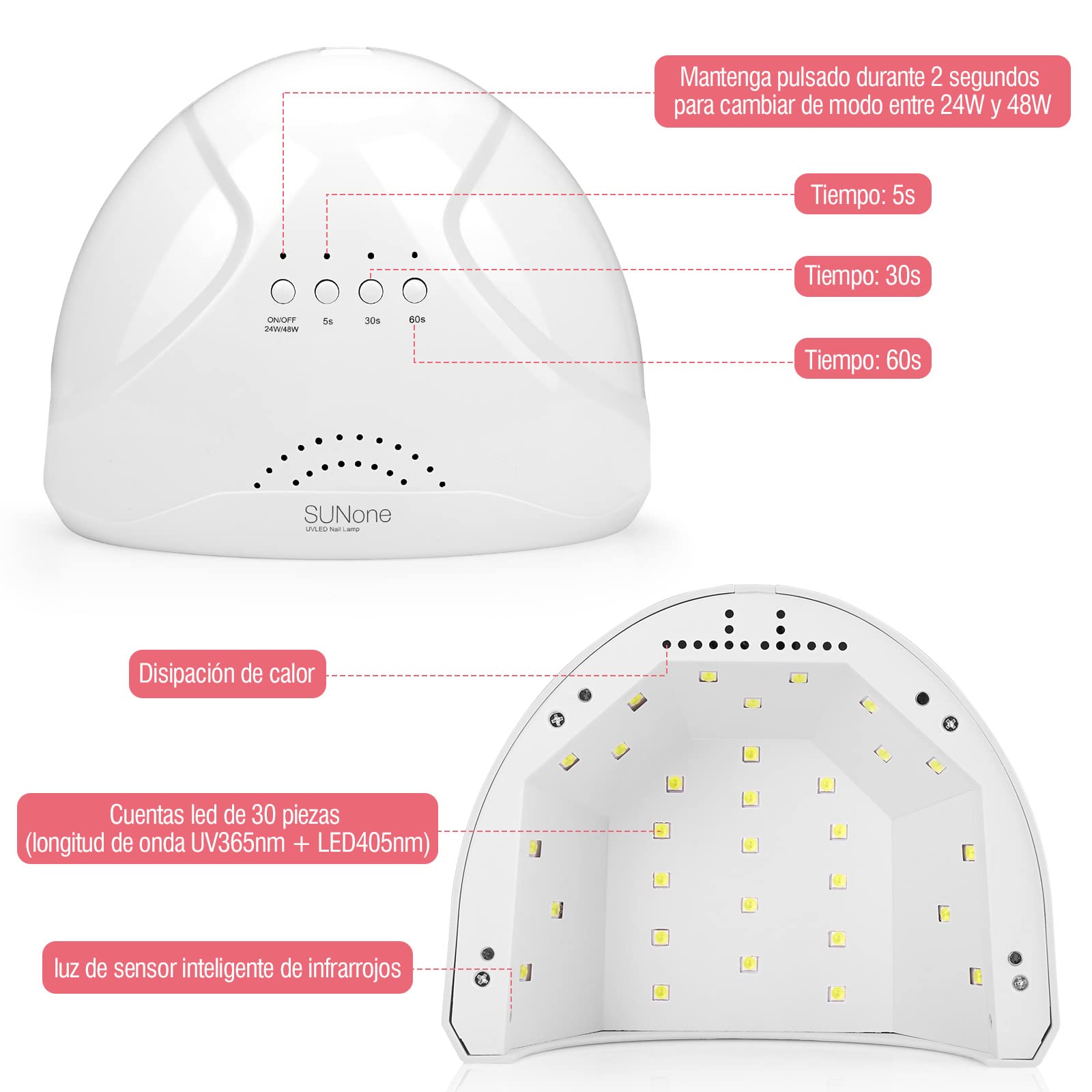 Lámpara de uñas UV/Led SUNone 48w con sensor automático y 3 ajustes de temporizador.