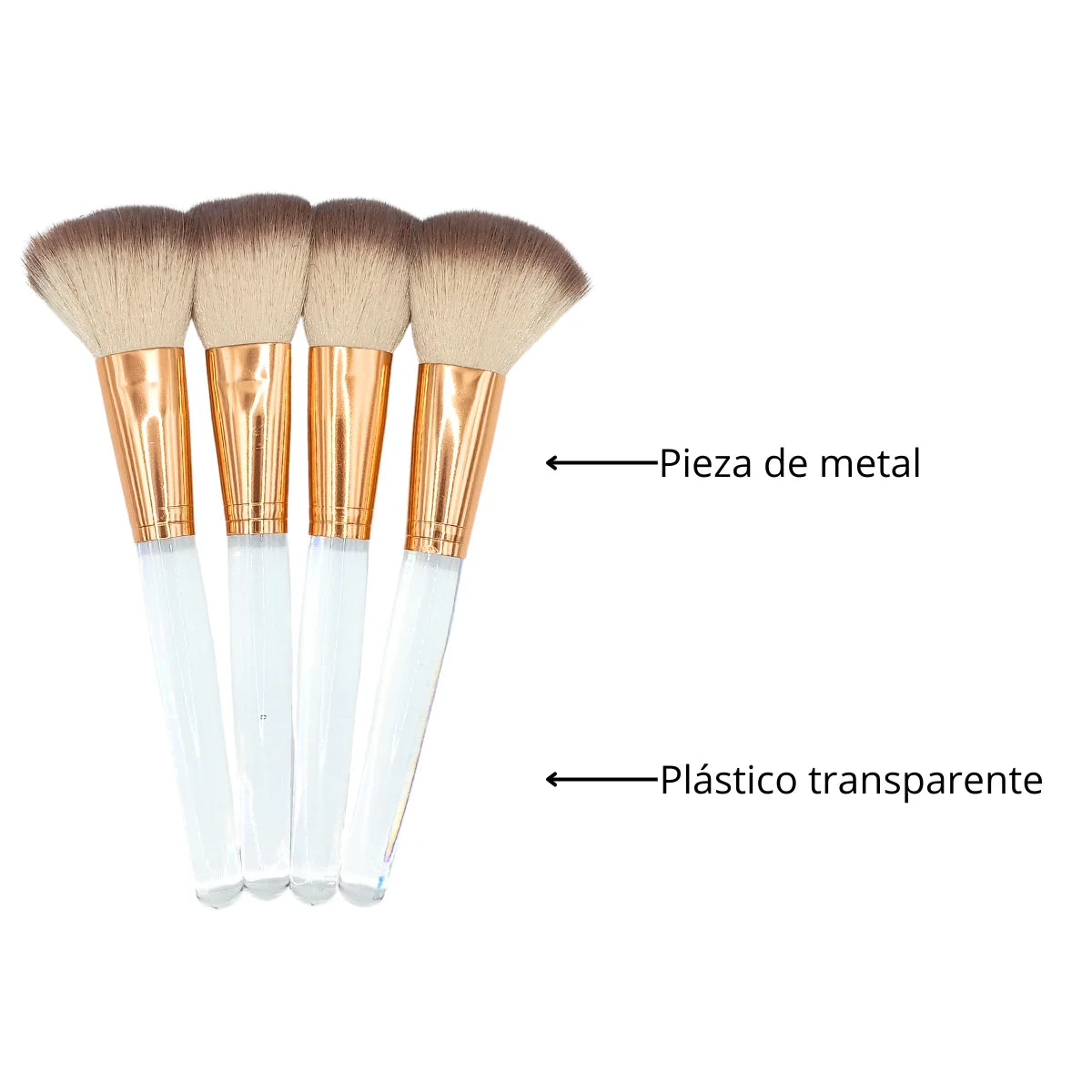 Brocha de maquillaje en forma de abanico para polvos y base mineral.