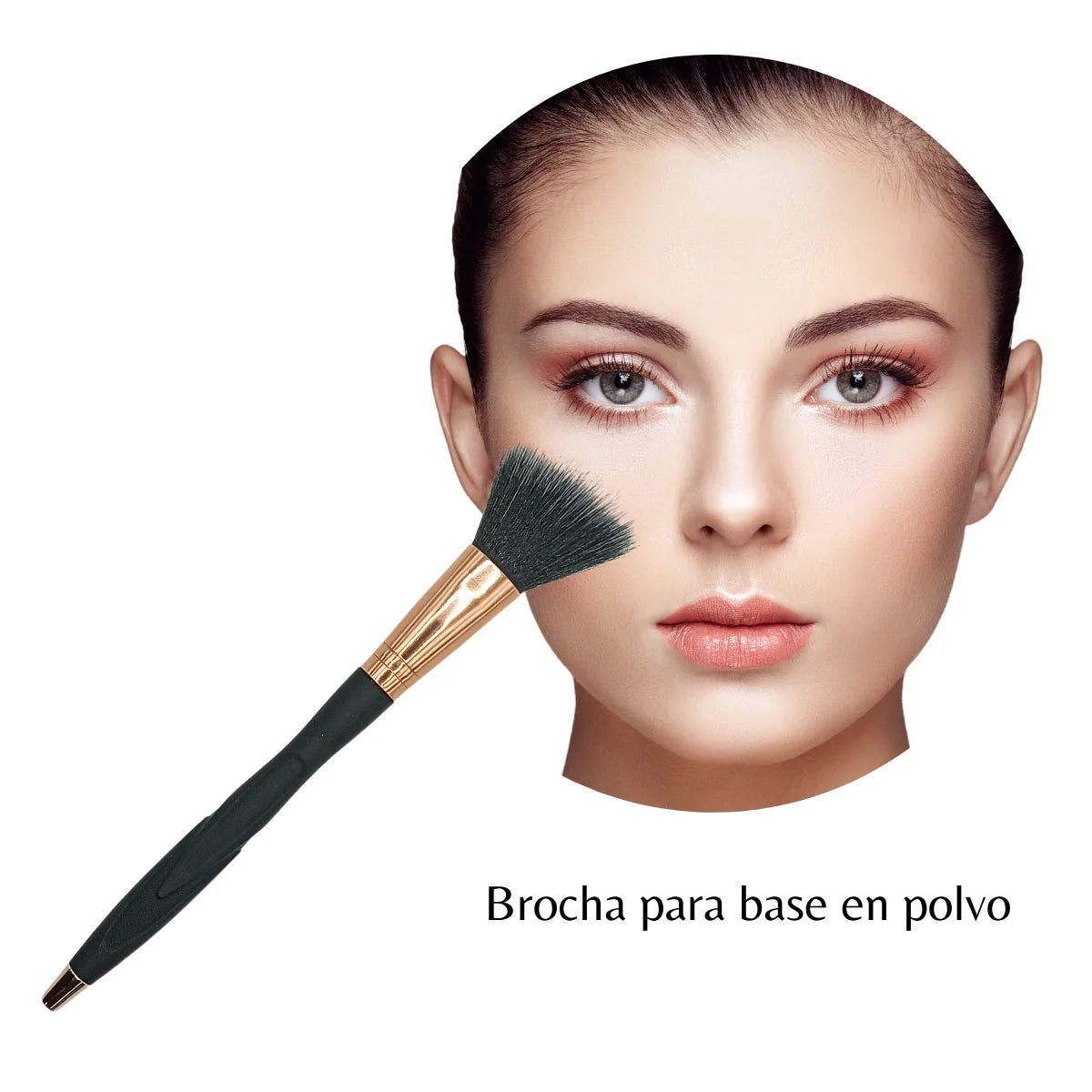 Brocha de maquillaje para polvo y base. Forma semidiagonal, cerdas ultra suaves.