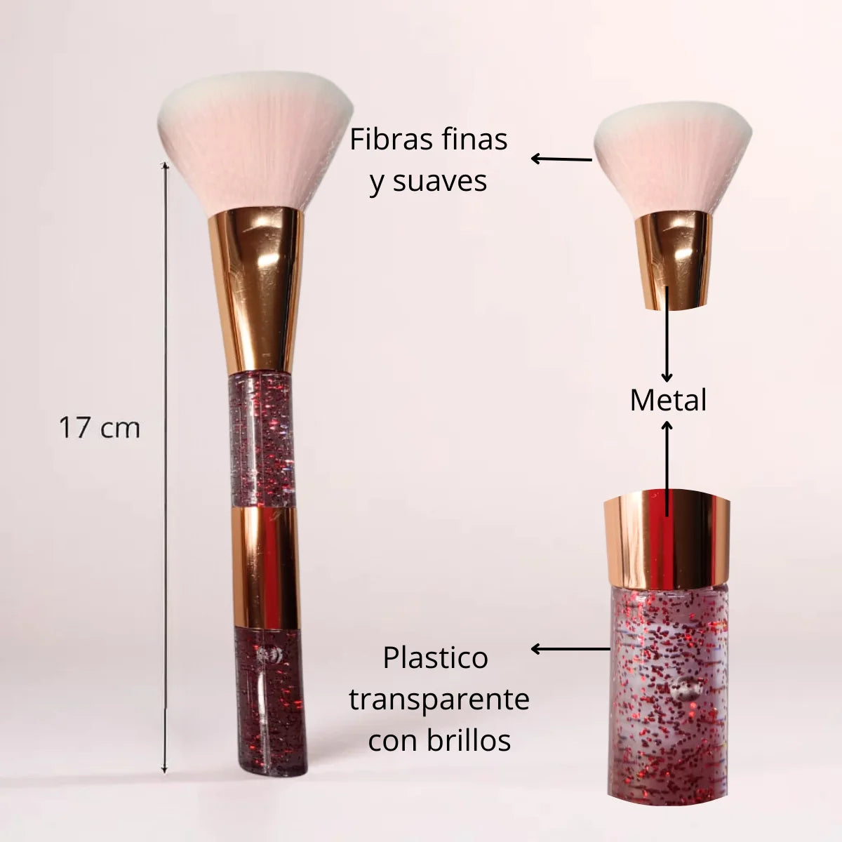 Brocha de maquillaje profesional, aplicador para polvos, Diseño con glitter 3 colores.