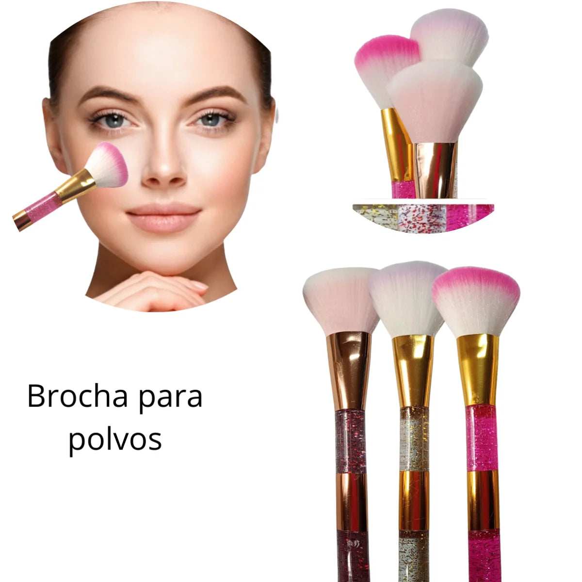 Brocha de maquillaje profesional, aplicador para polvos, Diseño con glitter 3 colores.