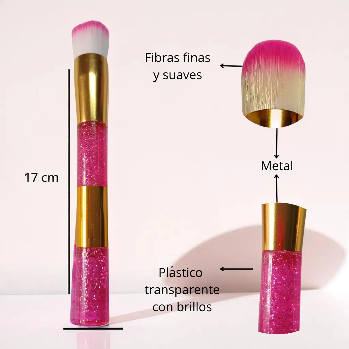 Brocha de maquillaje profesional, ideal para aplicar corrector.Diseño con glitter 3 colores. 12 pzas.