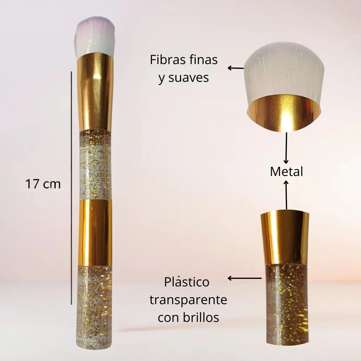 Brocha de maquillaje profesional, ideal para aplicar corrector.Diseño con glitter 3 colores. 12 pzas.