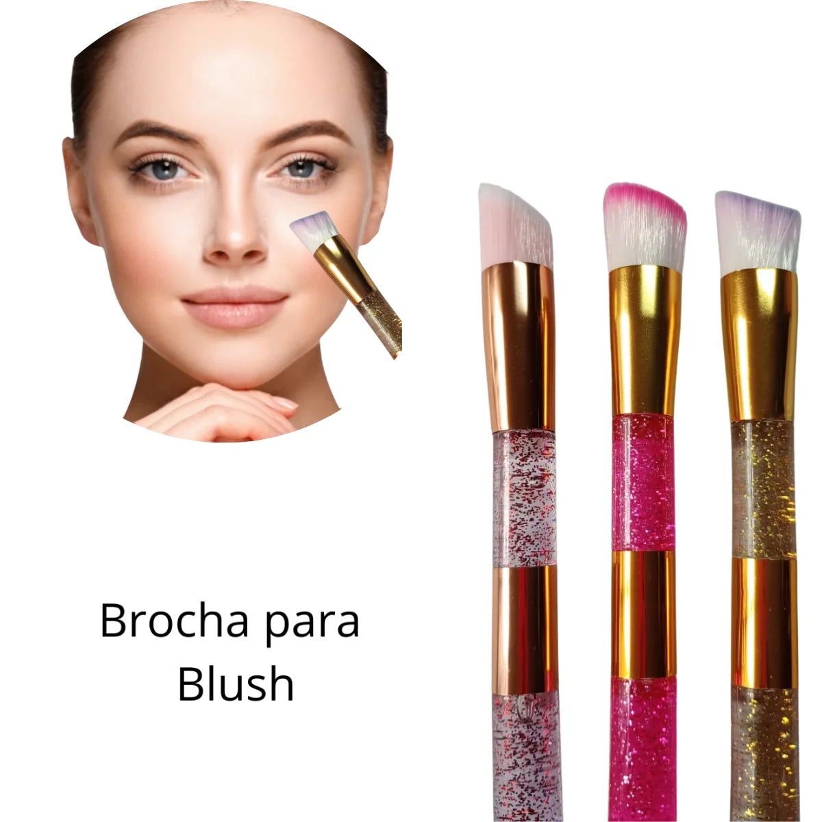 Brocha de maquillaje profesional, aplicador para blush. Diseño en glitter 3 colores.