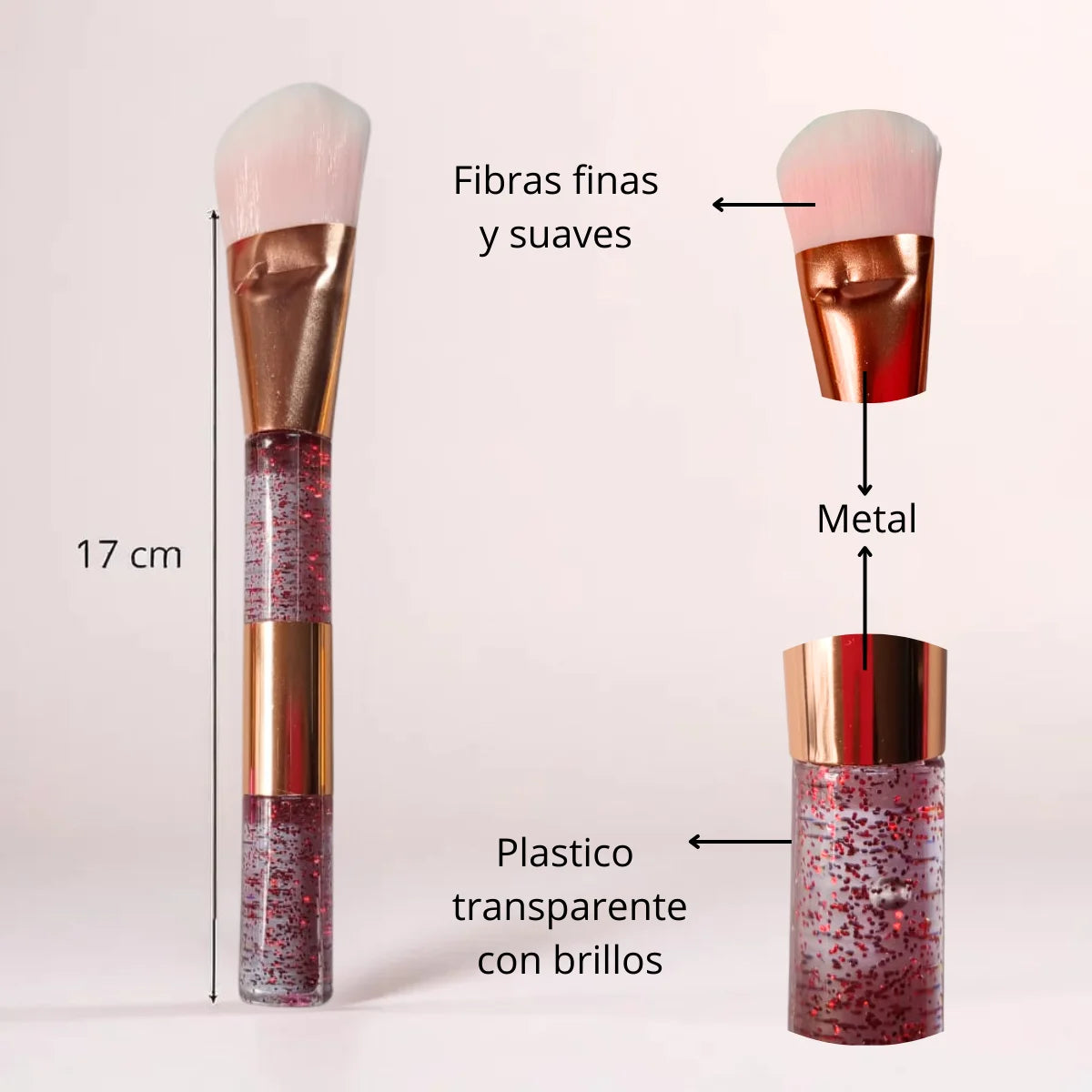 Brocha de maquillaje profesional, aplicador para base. Diseño glitter 3 colores.