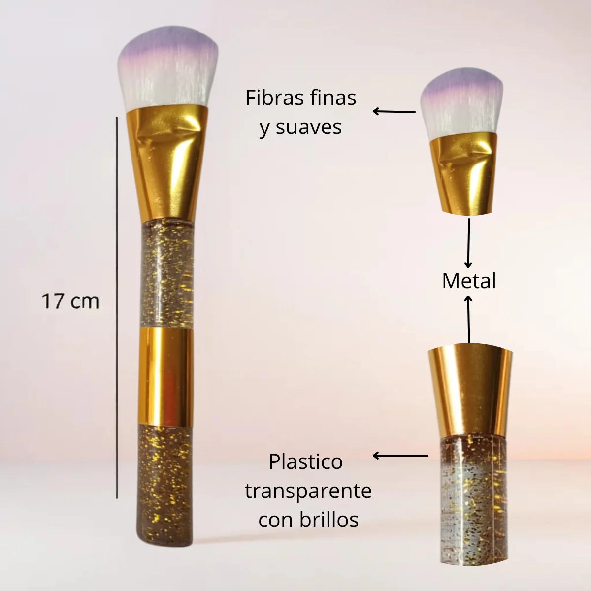 Brocha de maquillaje profesional, aplicador para base. Diseño glitter 3 colores.