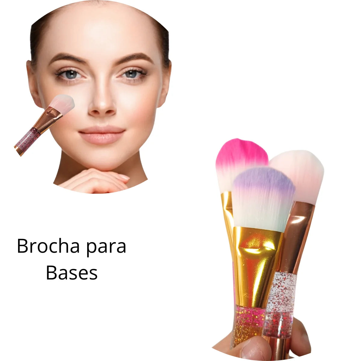 Brocha de maquillaje profesional, aplicador para base. Diseño glitter 3 colores.