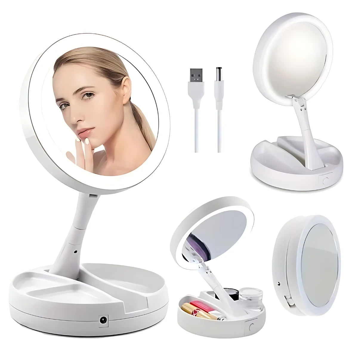 Espejo de maquillaje luz led, doble cara, plegable y 3 ajustes de luz.