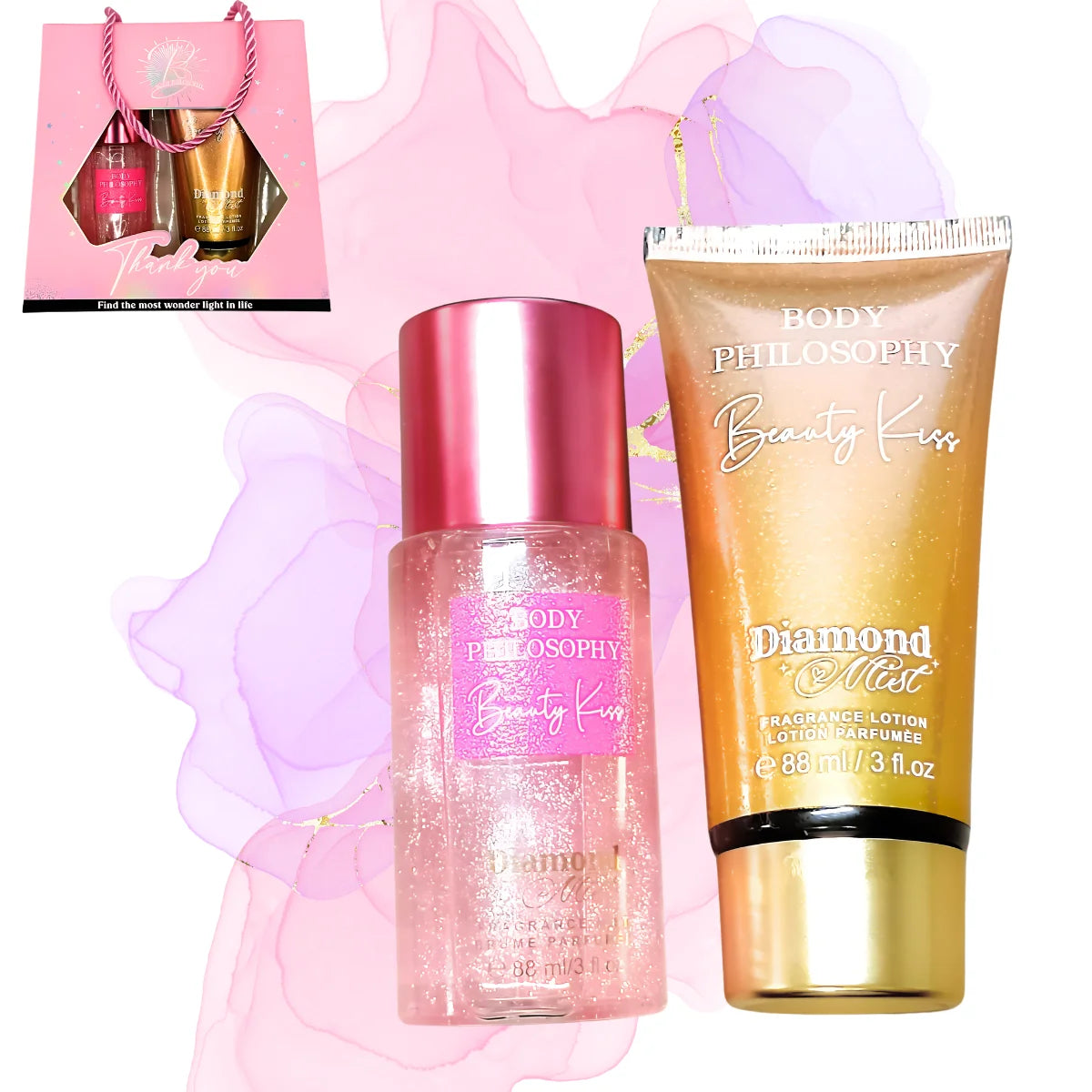 Dúo crema y Body Splash. Fragancia brillante Diamond Mist.