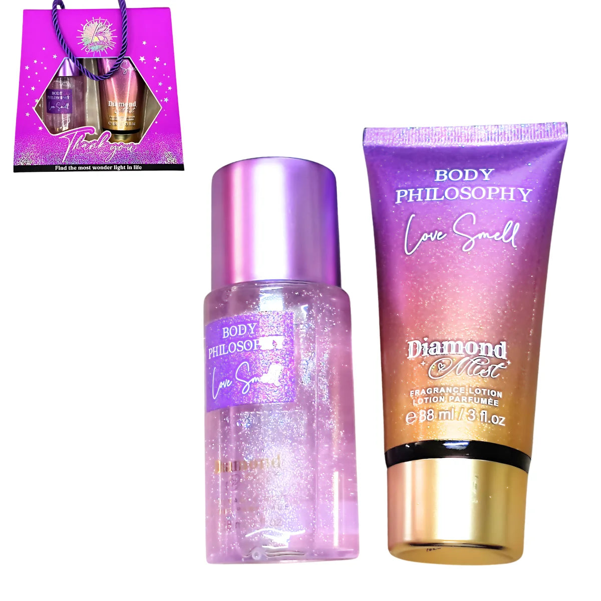 Dúo crema y Body Splash. Fragancia brillante Diamond Mist.