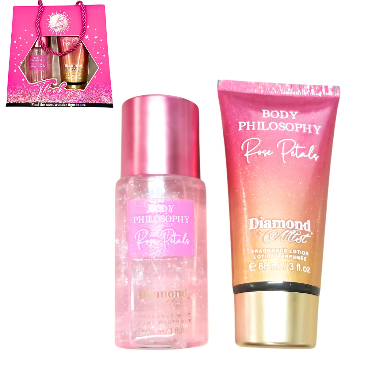 Dúo crema y Body Splash. Fragancia brillante Diamond Mist.