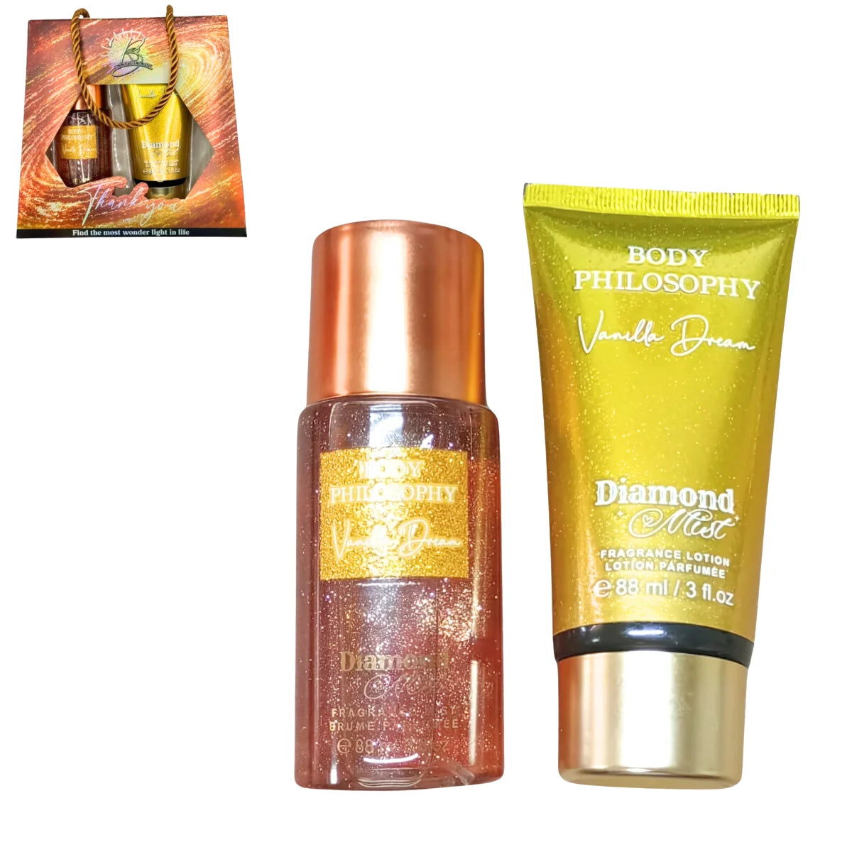 Dúo crema y Body Splash. Fragancia brillante Diamond Mist.