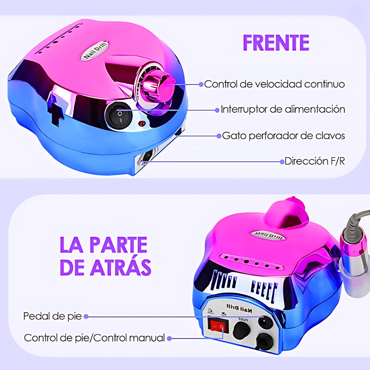 Pulidor esmeril de uñas profesional 35000Rpm, incluye pedal y kit de manicura.