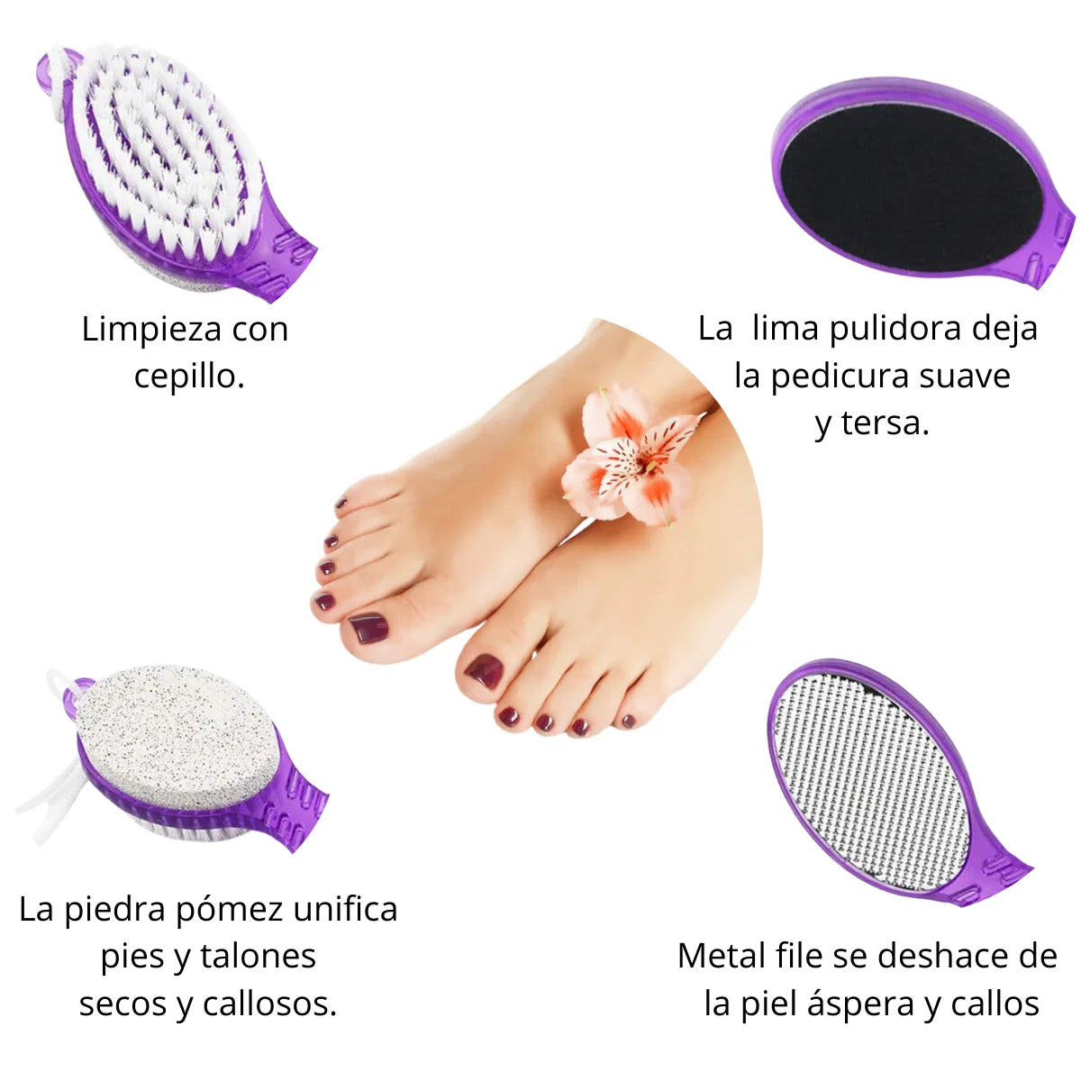 Cepillo de pedicura 4 en 1. Herramienta multiusos.