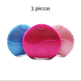 Set cepillo de limpieza facial ultrasónico de silicona, recargable. 3 pzas.