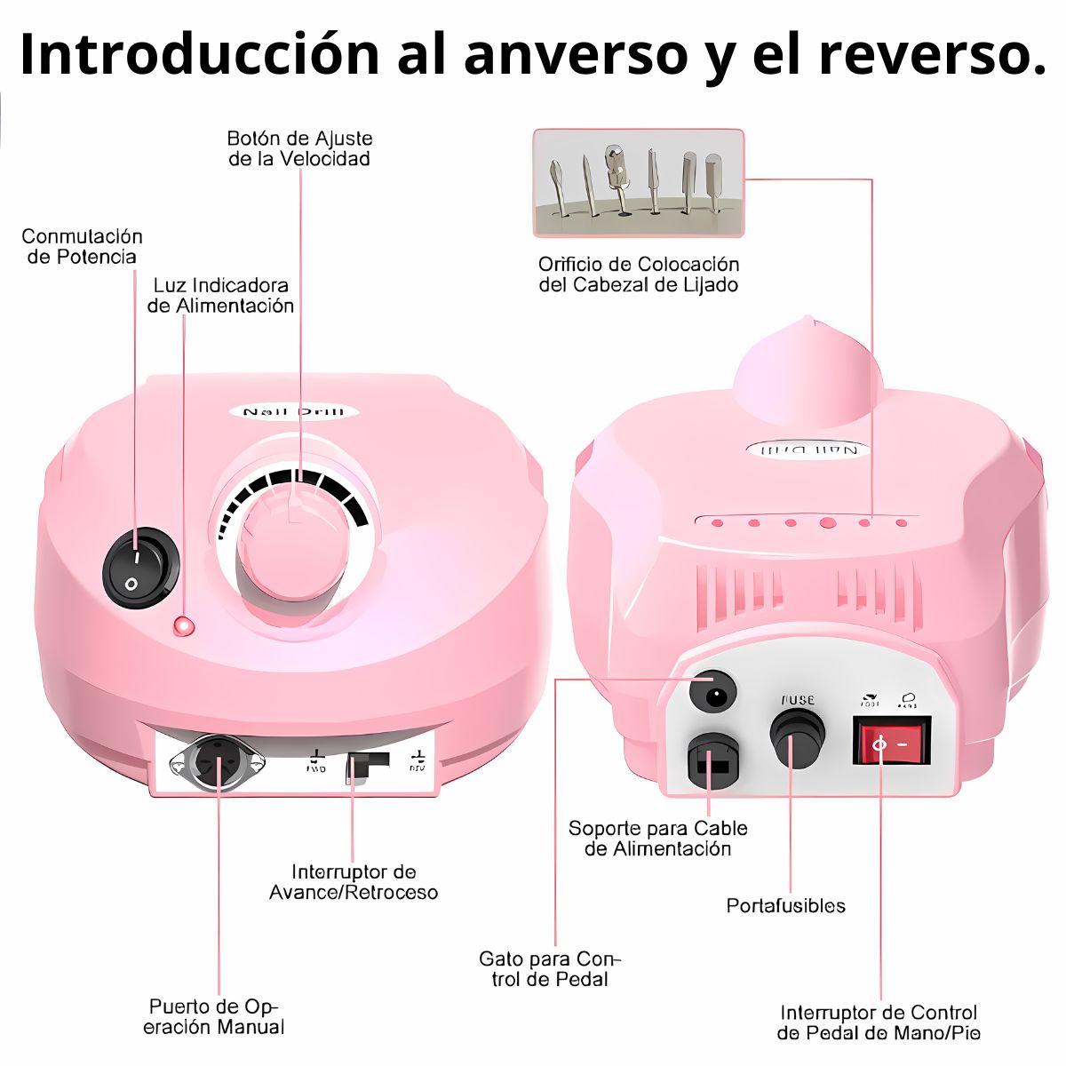 Pulidor esmeril de uñas profesional 35000Rpm, incluye pedal y kit de manicura.