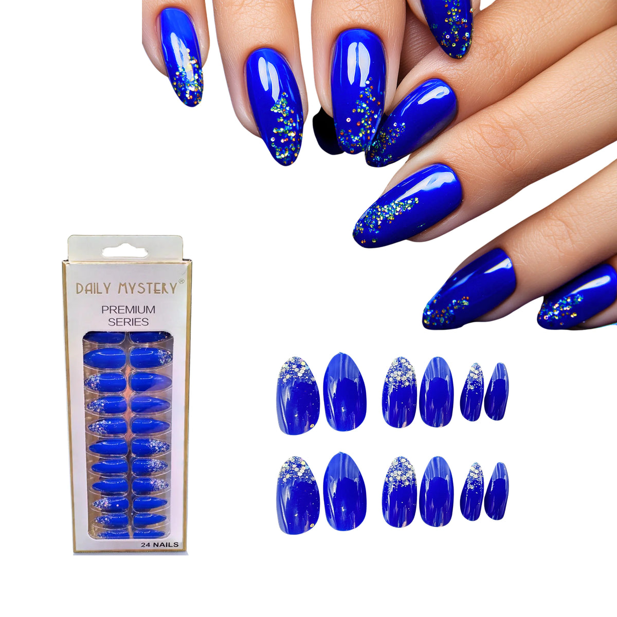 Set 24 Piezas de uñas postizas azul rey  de cobertura completa en forma de almendra.