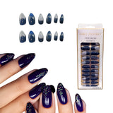 Set 24 Piezas de uñas postizas azul oscuro de cobertura completa en forma de almendra.