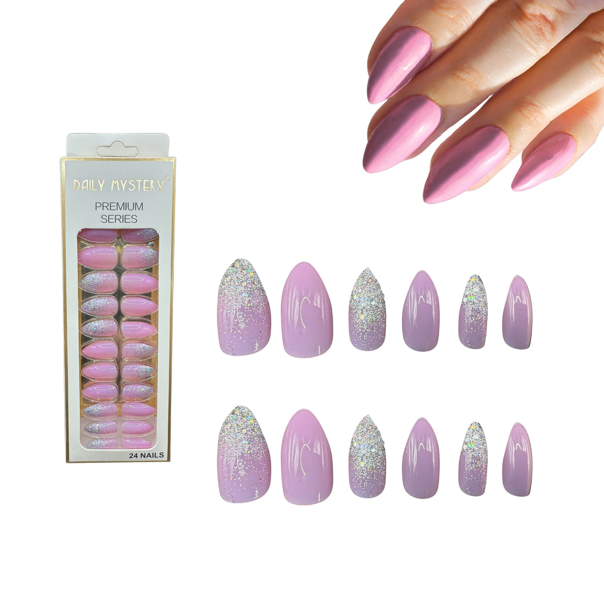 Set 24 Piezas de uñas rosa con brillos postizas de cobertura completa en forma de almendra.