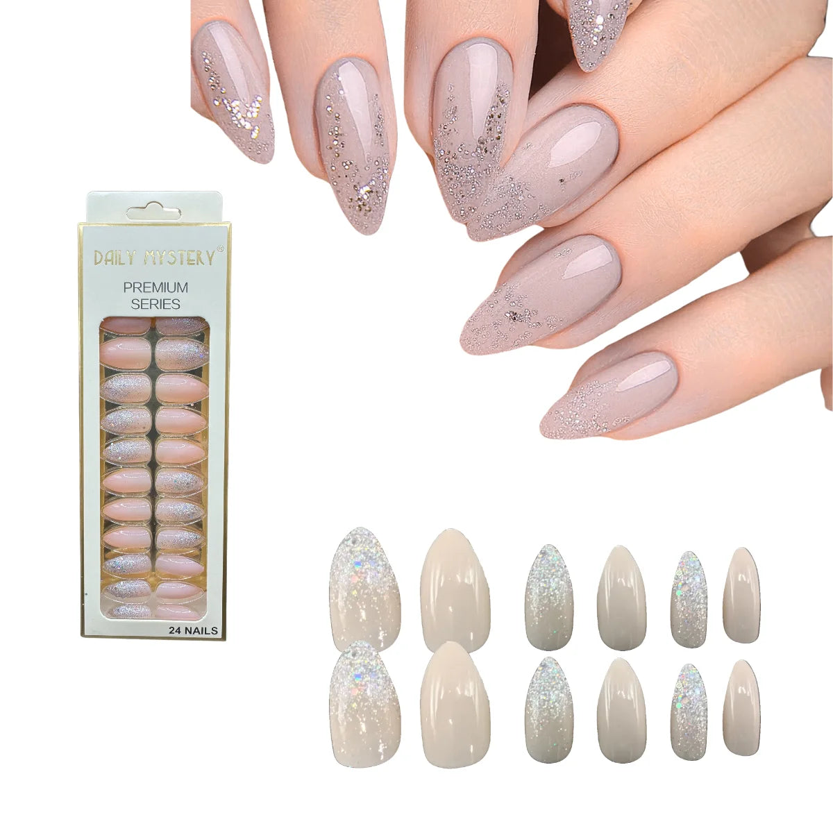 Set 24 Piezas de uñas postizas Beige Rosado de cobertura completa en forma de almendra.