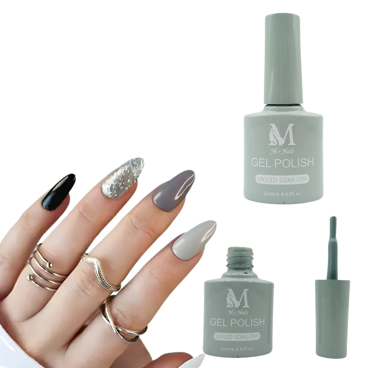 Gel polish UV/LED, color light grey, soak off. M+Nails.